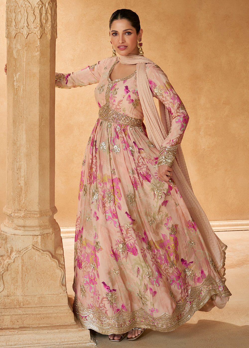 Buy Now Peach Digital Printed Embroidered Chinnon Silk Anarkali Gown Online in USA, UK, Germany, Canada & Worldwide at Empress Clothing.