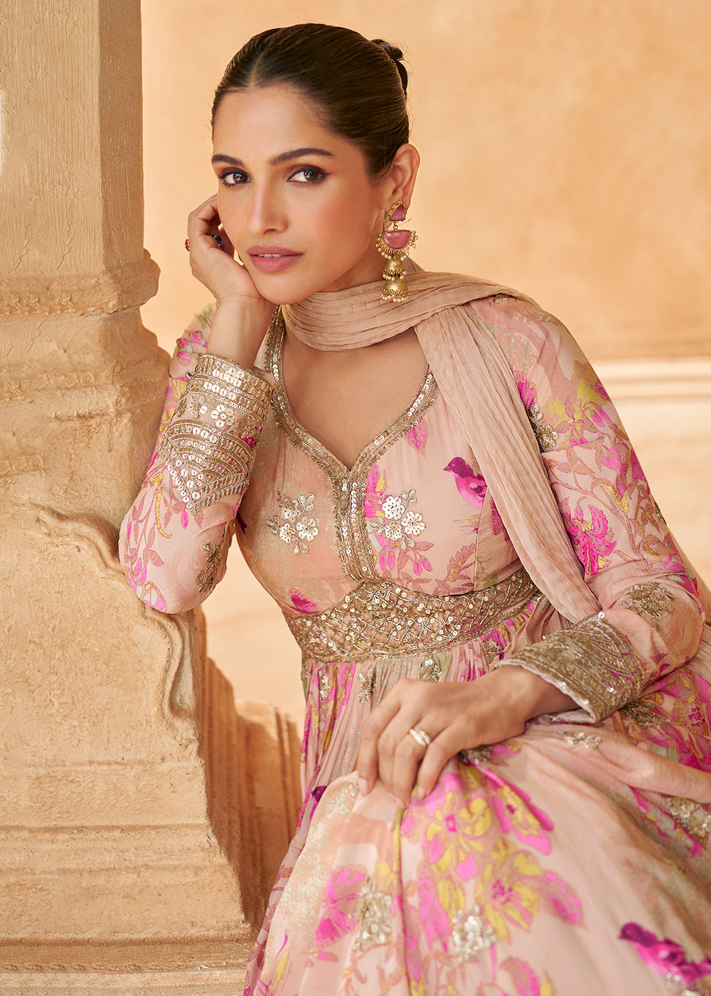 Buy Now Peach Digital Printed Embroidered Chinnon Silk Anarkali Gown Online in USA, UK, Germany, Canada & Worldwide at Empress Clothing.