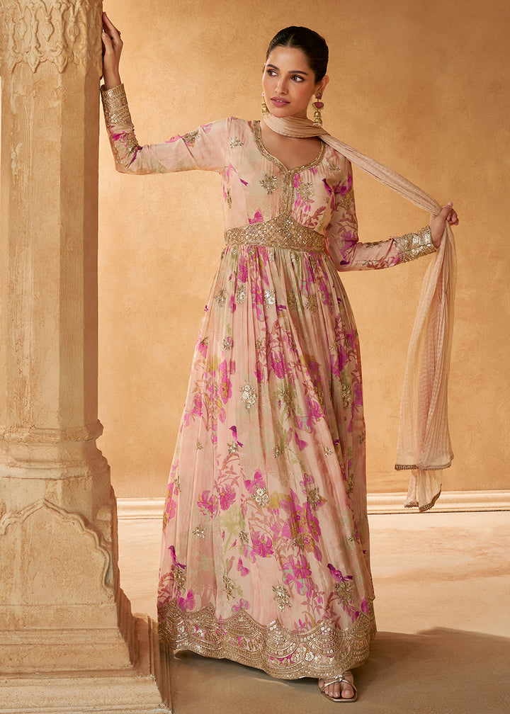 Buy Now Peach Digital Printed Embroidered Chinnon Silk Anarkali Gown Online in USA, UK, Germany, Canada & Worldwide at Empress Clothing.