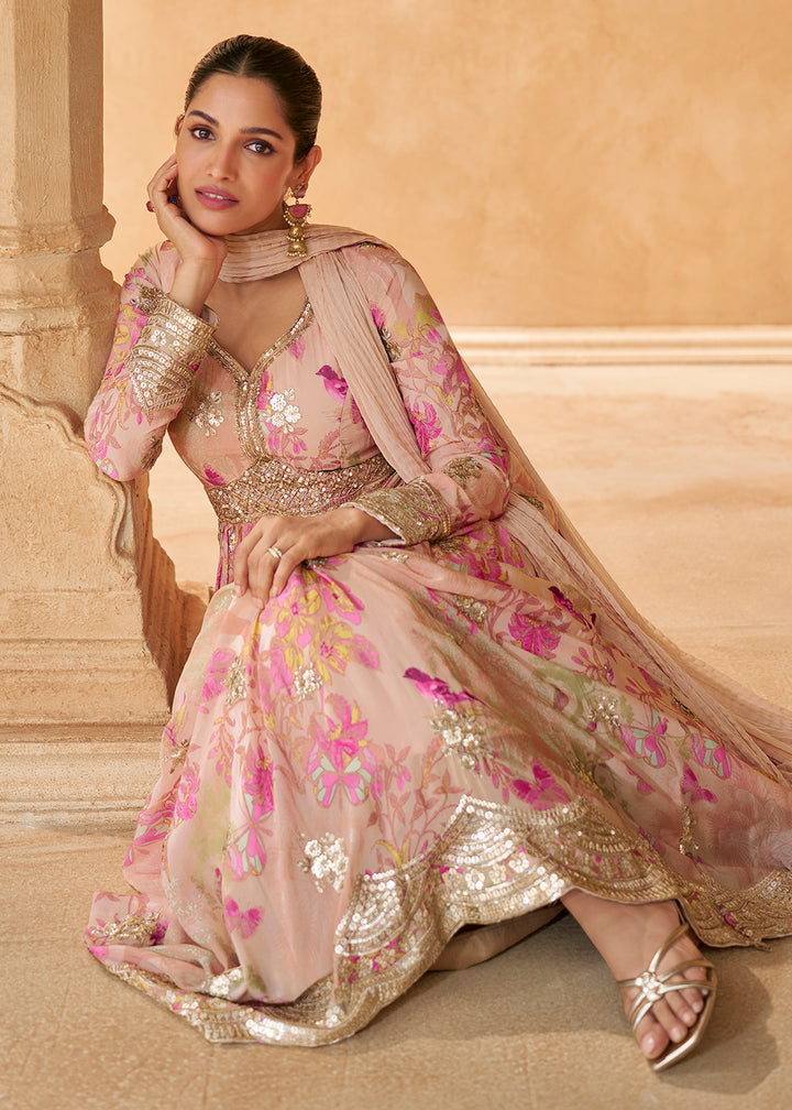 Buy Now Peach Digital Printed Embroidered Chinnon Silk Anarkali Gown Online in USA, UK, Germany, Canada & Worldwide at Empress Clothing.