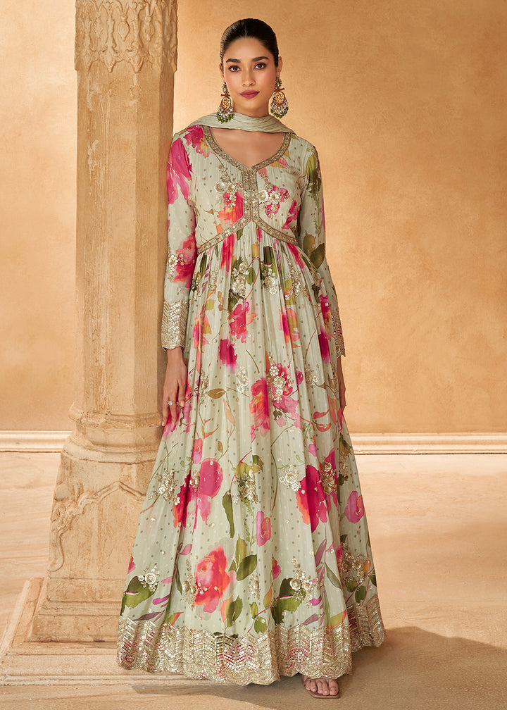 Buy Now Cream Digital Printed Embroidered Chinnon Silk Anarkali Gown Online in USA, UK, Germany, Canada & Worldwide at Empress Clothing.