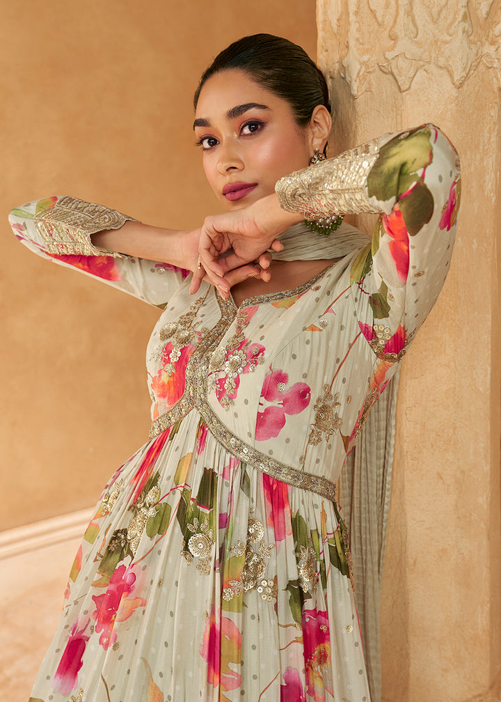 Buy Now Cream Digital Printed Embroidered Chinnon Silk Anarkali Gown Online in USA, UK, Germany, Canada & Worldwide at Empress Clothing.