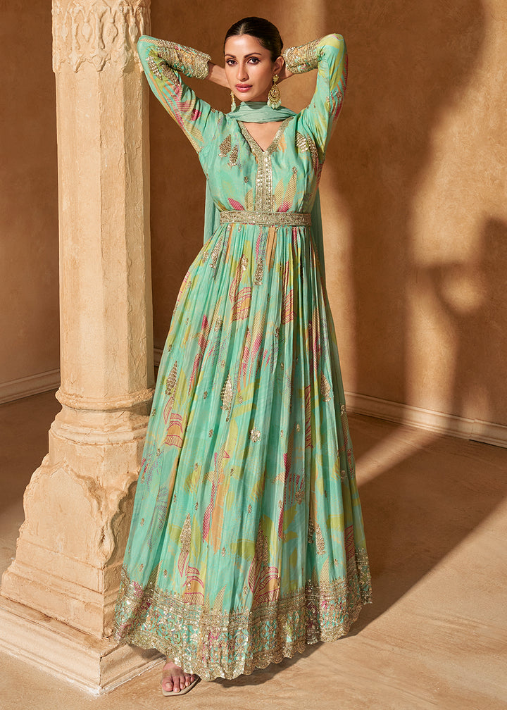 Buy Now Turquoise Digital Printed Embroidered Chinnon Silk Anarkali Gown Online in USA, UK, Germany, Canada & Worldwide at Empress Clothing. 