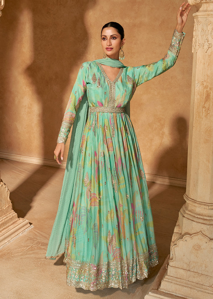 Buy Now Turquoise Digital Printed Embroidered Chinnon Silk Anarkali Gown Online in USA, UK, Germany, Canada & Worldwide at Empress Clothing. 