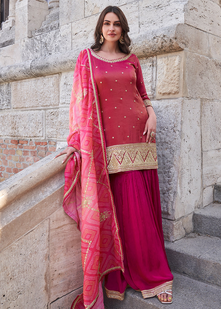 Shop Now Hot Pink Festive Style Chinnon Gharara Style Suit Online at Empress Clothing in USA, UK, Canada, Germany, UAE & Worldwide. 