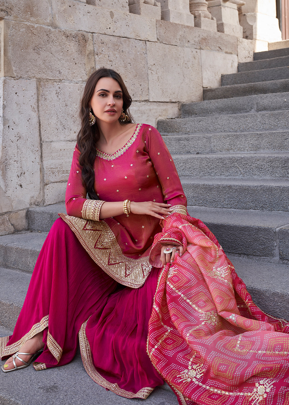 Shop Now Hot Pink Festive Style Chinnon Gharara Style Suit Online at Empress Clothing in USA, UK, Canada, Germany, UAE & Worldwide. 