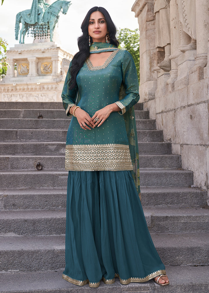 Shop Now Deep Teal Festive Style Chinnon Gharara Style Suit Online at Empress Clothing in USA, UK, Canada, Germany, UAE & Worldwide.