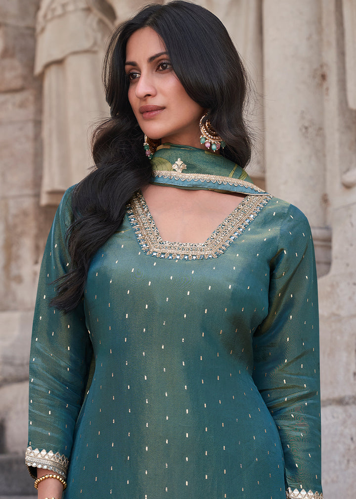 Shop Now Deep Teal Festive Style Chinnon Gharara Style Suit Online at Empress Clothing in USA, UK, Canada, Germany, UAE & Worldwide.