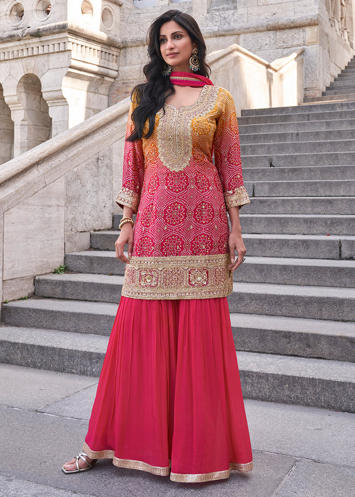 Shop Now Multi Pink Festive Style Chinnon Gharara Style Suit Online at Empress Clothing in USA, UK, Canada, Germany, UAE & Worldwide.