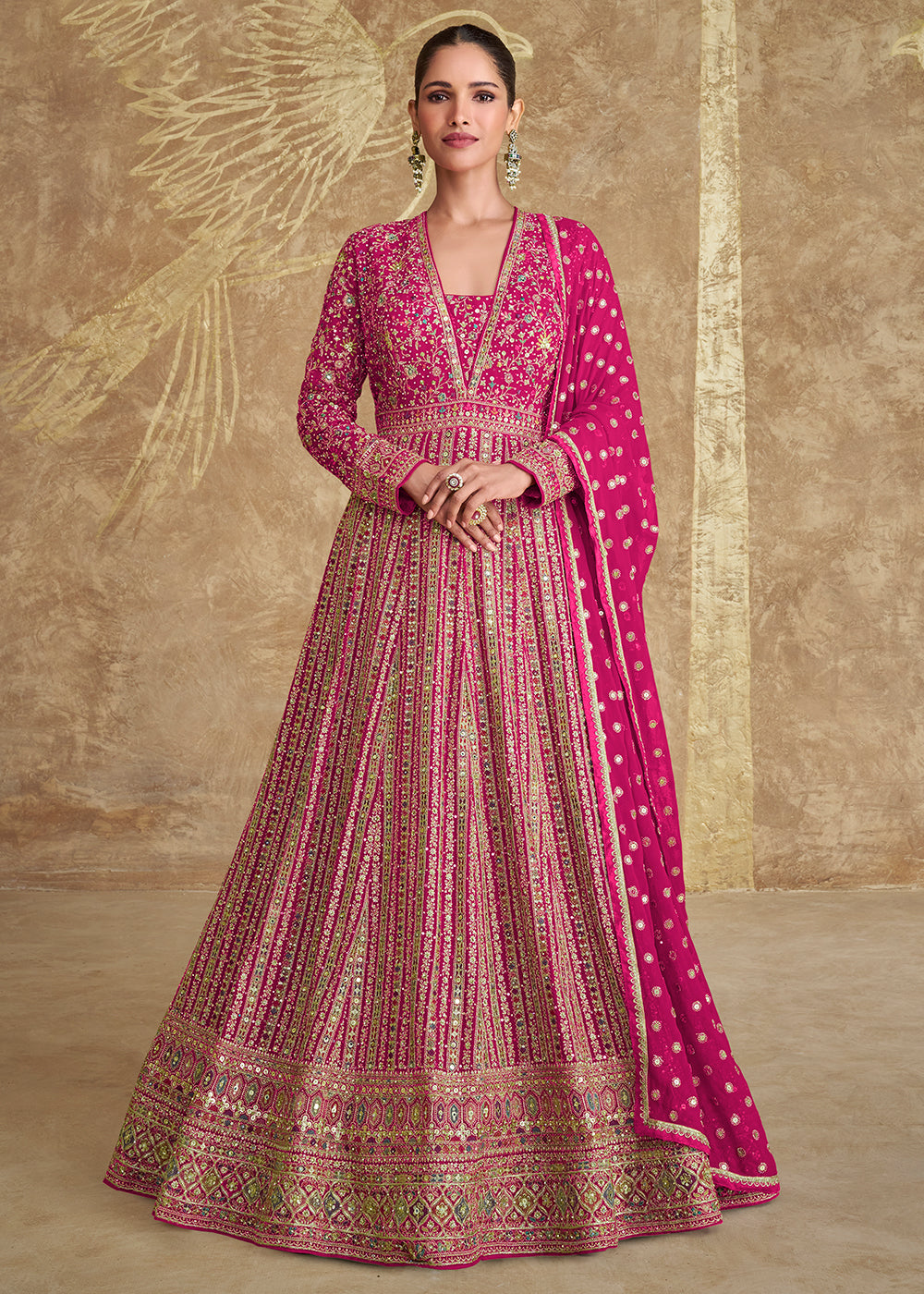 Buy Now Pink Heavy Embroidered Georgette Wedding Anarkali Gown Online in USA, UK, Germany, Canada, UAE & Worldwide at Empress Clothing.