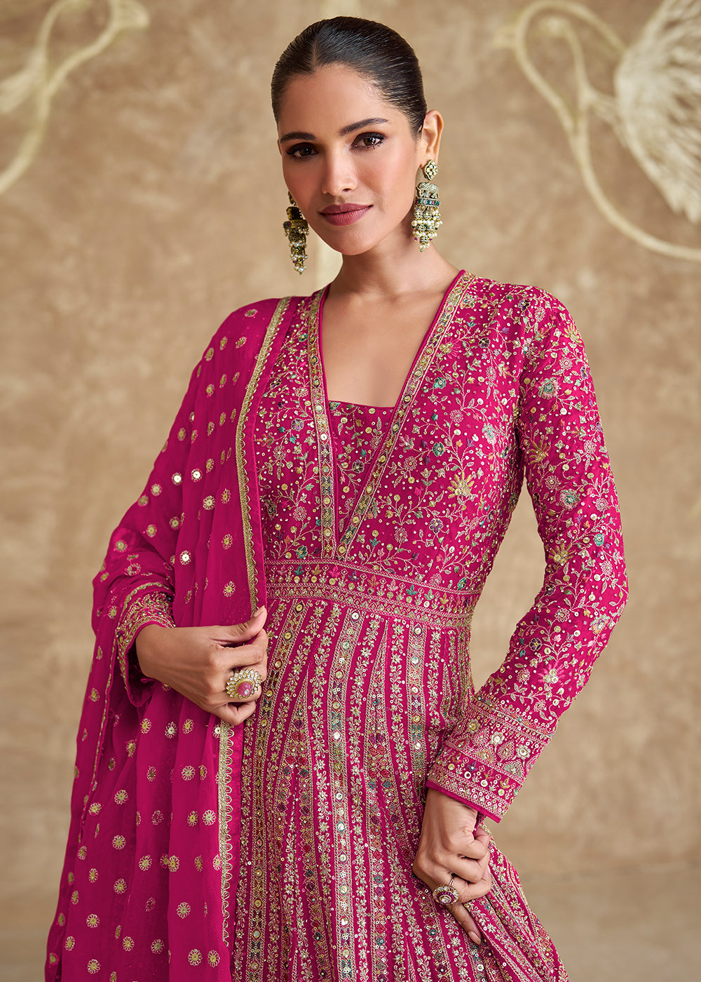 Buy Now Pink Heavy Embroidered Georgette Wedding Anarkali Gown Online in USA, UK, Germany, Canada, UAE & Worldwide at Empress Clothing.