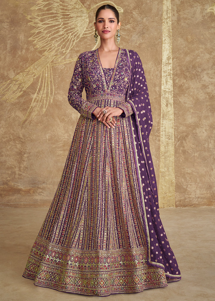 Buy Now Purple Heavy Embroidered Georgette Wedding Anarkali Gown Online in USA, UK, Germany, Canada, UAE & Worldwide at Empress Clothing. 