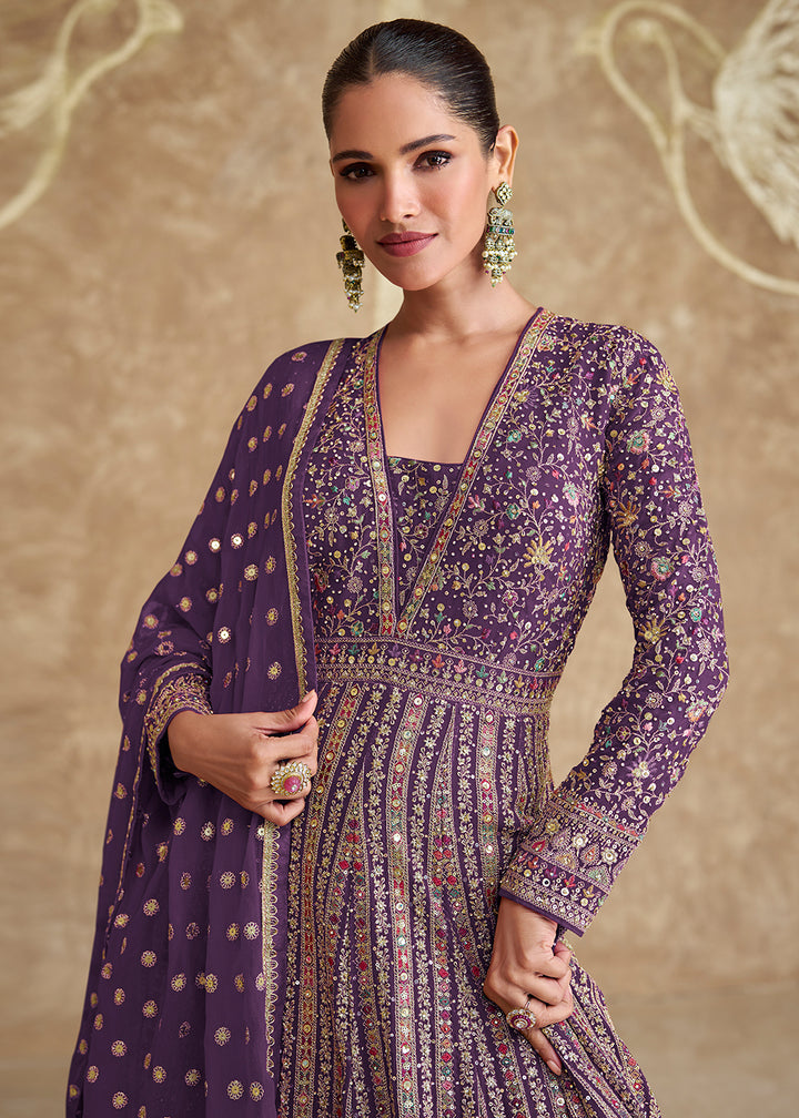 Buy Now Purple Heavy Embroidered Georgette Wedding Anarkali Gown Online in USA, UK, Germany, Canada, UAE & Worldwide at Empress Clothing. 