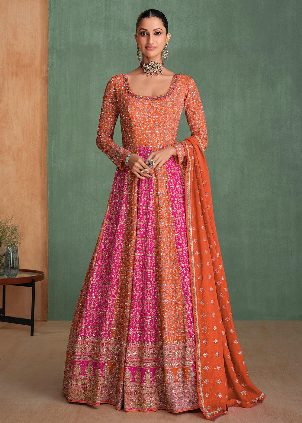 Buy Now Orange Multi Embroidered Wedding Festive Anarkali Gown Online in USA, UK, Germany, Canada & Worldwide at Empress Clothing.