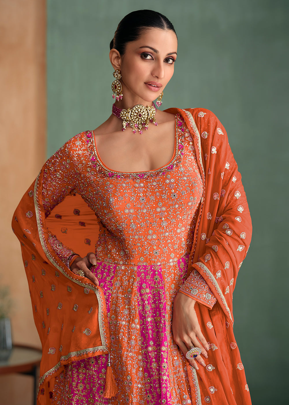 Buy Now Orange Multi Embroidered Wedding Festive Anarkali Gown Online in USA, UK, Germany, Canada & Worldwide at Empress Clothing.