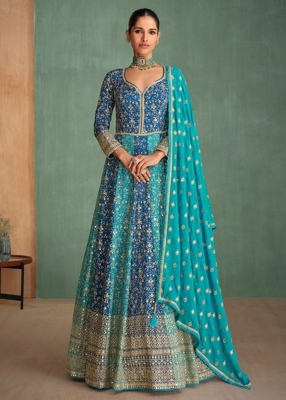 Buy Now Blue Multi Embroidered Wedding Festive Anarkali Gown Online in USA, UK, Germany, Canada & Worldwide at Empress Clothing. 