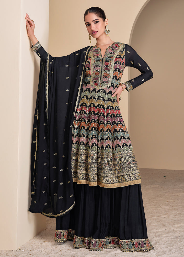 Shop Now Multi Embroidered Black Georgette Wedding Sharara Suit Online at Empress Clothing in USA, UK, Canada, Germany, UAE & Worldwide.