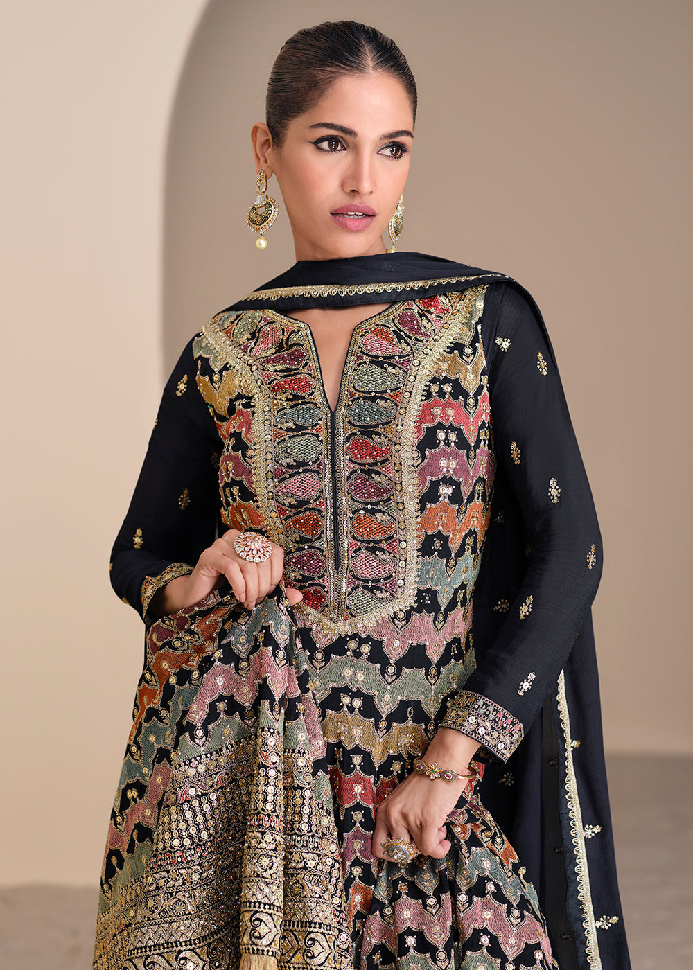 Shop Now Multi Embroidered Black Georgette Wedding Sharara Suit Online at Empress Clothing in USA, UK, Canada, Germany, UAE & Worldwide.