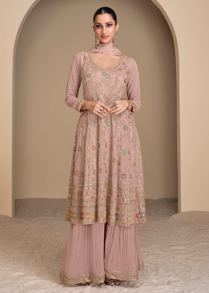 Shop Now Multi Embroidered Peach Georgette Wedding Gharara Suit Online at Empress Clothing in USA, UK, Canada, Germany, UAE & Worldwide. 