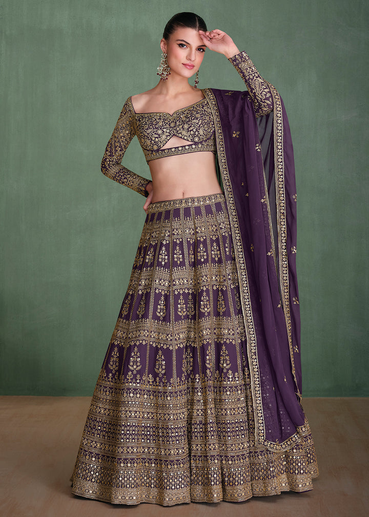 Buy Now Purple Embroidered Georgette Designer Party Style Lehenga Choli Online in USA, UK, Canada, UAE & Worldwide at Empress Clothing. 