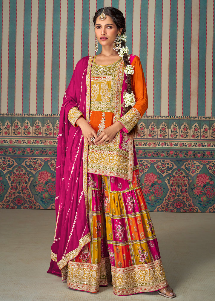 Buy Now Multi Premium Chinnon Embroidered Palazzo Suit with Pink Dupatta Dupatta Online in USA, UK, Canada, Germany, Italy & Worldwide at Empress Clothing.