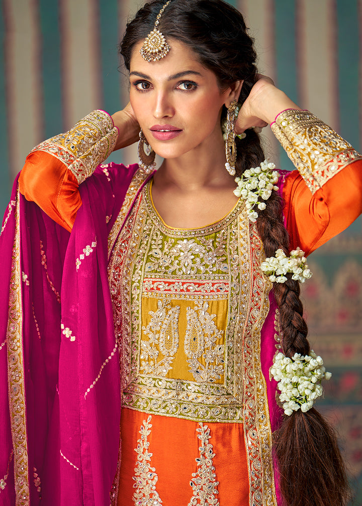 Buy Now Multi Premium Chinnon Embroidered Palazzo Suit with Pink Dupatta Dupatta Online in USA, UK, Canada, Germany, Italy & Worldwide at Empress Clothing.
