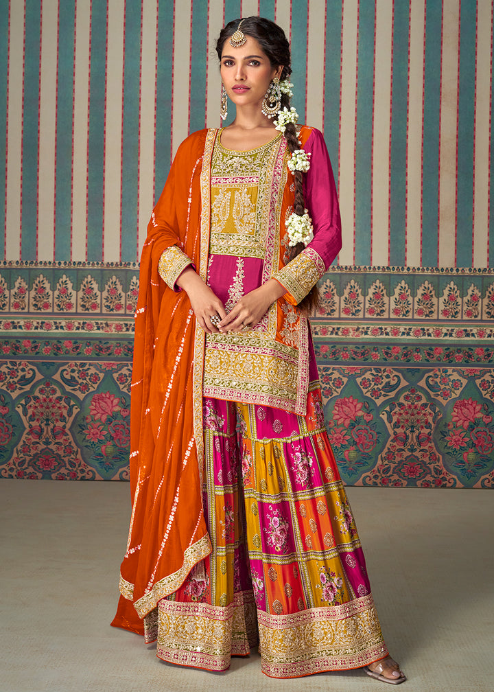 Buy Now Multi Premium Chinnon Embroidered Palazzo Suit with Orange Dupatta Dupatta Online in USA, UK, Canada, Germany, Italy & Worldwide at Empress Clothing.