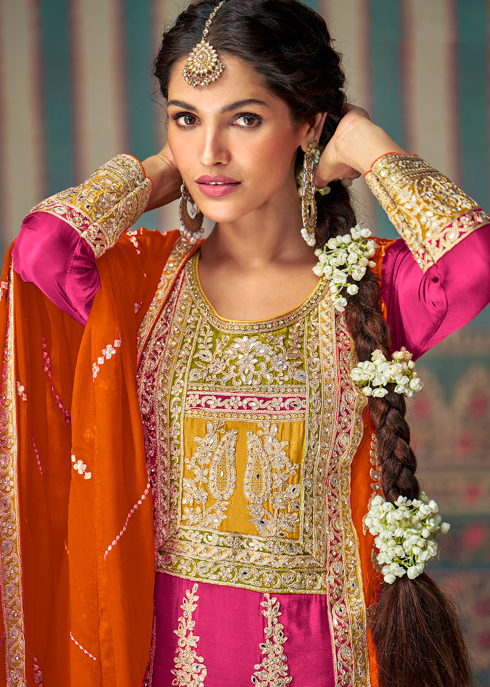 Buy Now Multi Premium Chinnon Embroidered Palazzo Suit with Orange Dupatta Dupatta Online in USA, UK, Canada, Germany, Italy & Worldwide at Empress Clothing.