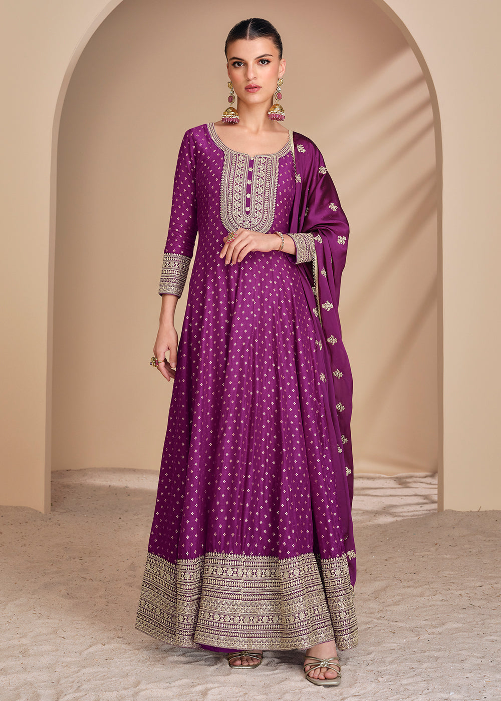 Buy Now Violet Viscose Jacquard Silk Festive Anarkali Suit Online in USA, UK, Australia, Italy, Germany, Canada, UAE & Worldwide at Empress Clothing. 