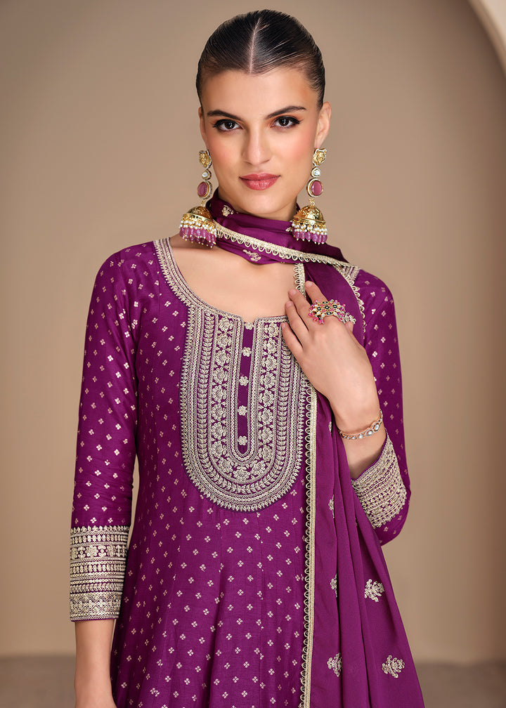 Buy Now Violet Viscose Jacquard Silk Festive Anarkali Suit Online in USA, UK, Australia, Italy, Germany, Canada, UAE & Worldwide at Empress Clothing. 