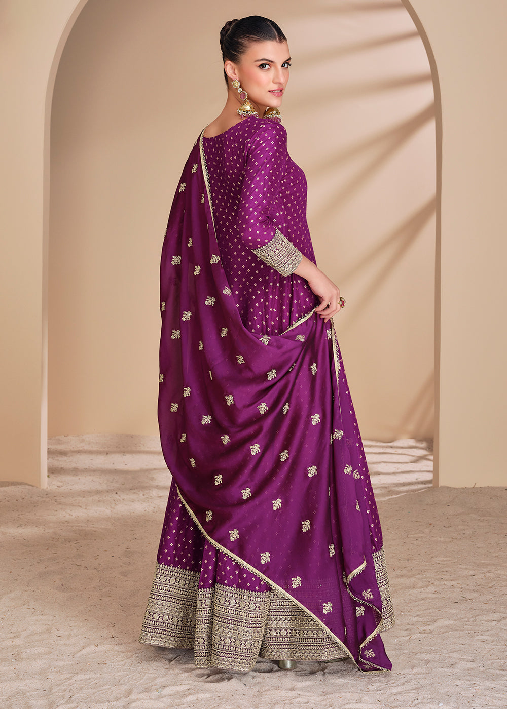 Buy Now Violet Viscose Jacquard Silk Festive Anarkali Suit Online in USA, UK, Australia, Italy, Germany, Canada, UAE & Worldwide at Empress Clothing. 