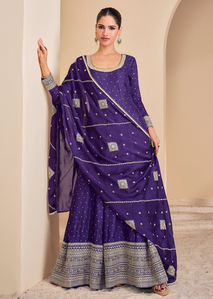 Buy Now Purple Viscose Jacquard Silk Festive Anarkali Suit Online in USA, UK, Australia, Italy, Germany, Canada, UAE & Worldwide at Empress Clothing.