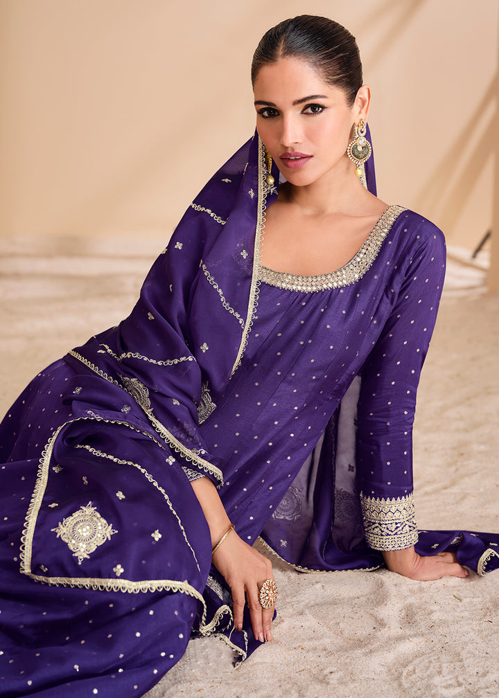 Buy Now Purple Viscose Jacquard Silk Festive Anarkali Suit Online in USA, UK, Australia, Italy, Germany, Canada, UAE & Worldwide at Empress Clothing.