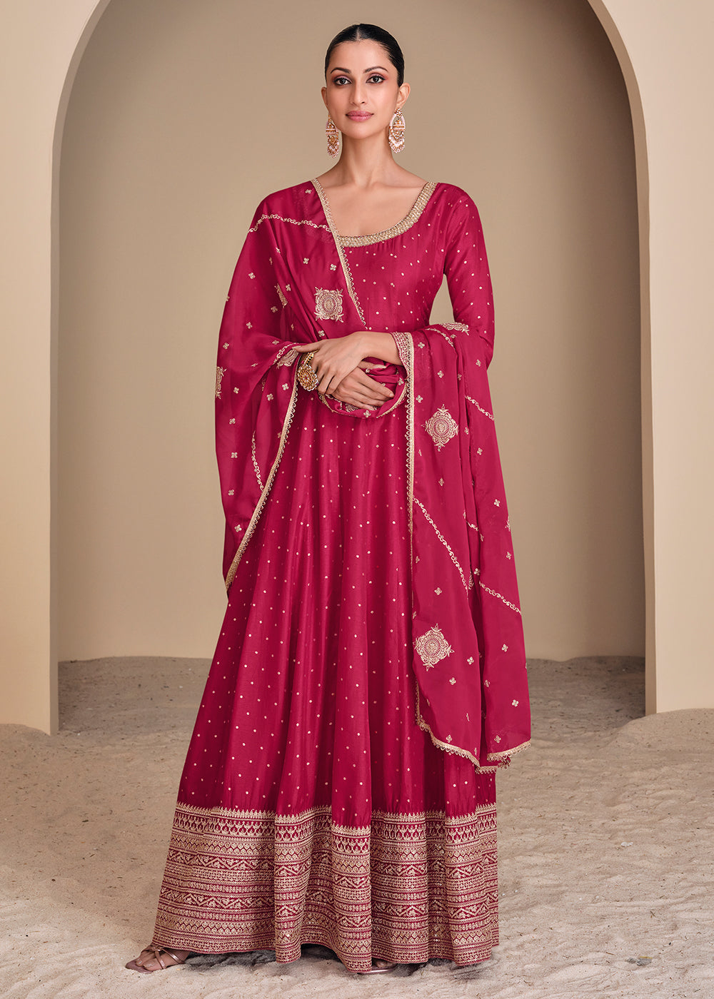 Buy Now Hot Pink Viscose Jacquard Silk Festive Anarkali Suit Online in USA, UK, Australia, Italy, Germany, Canada, UAE & Worldwide at Empress Clothing.