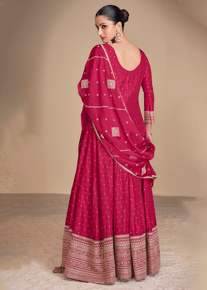 Buy Now Hot Pink Viscose Jacquard Silk Festive Anarkali Suit Online in USA, UK, Australia, Italy, Germany, Canada, UAE & Worldwide at Empress Clothing.