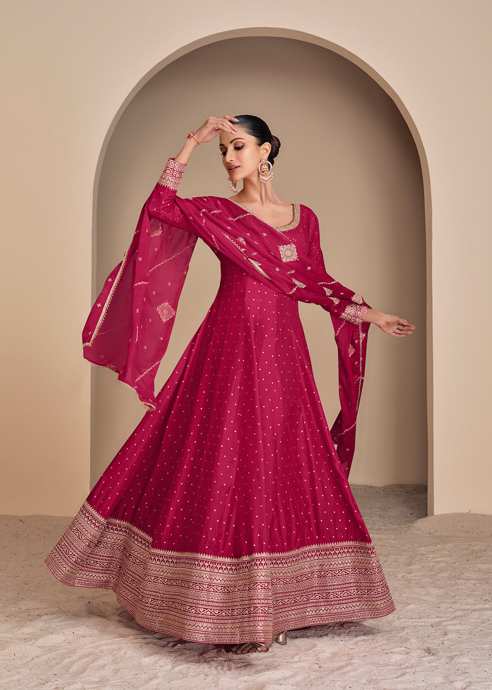 Buy Now Hot Pink Viscose Jacquard Silk Festive Anarkali Suit Online in USA, UK, Australia, Italy, Germany, Canada, UAE & Worldwide at Empress Clothing.