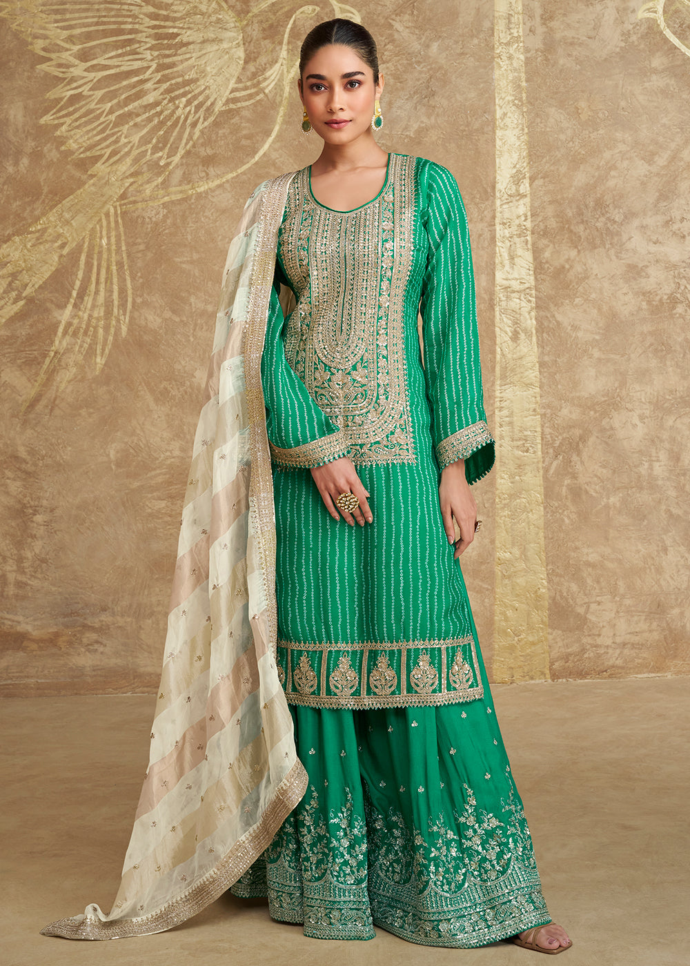 Buy Now Rama Green Embroidered Chinnon Silk Palazzo Suit Online in USA, UK, Canada, Germany & Worldwide at Empress Clothing. 