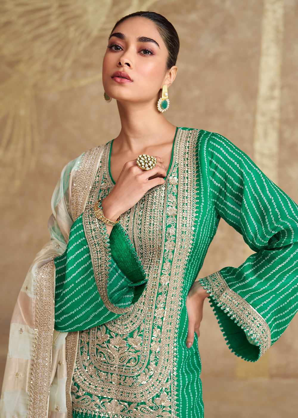 Buy Now Rama Green Embroidered Chinnon Silk Palazzo Suit Online in USA, UK, Canada, Germany & Worldwide at Empress Clothing. 