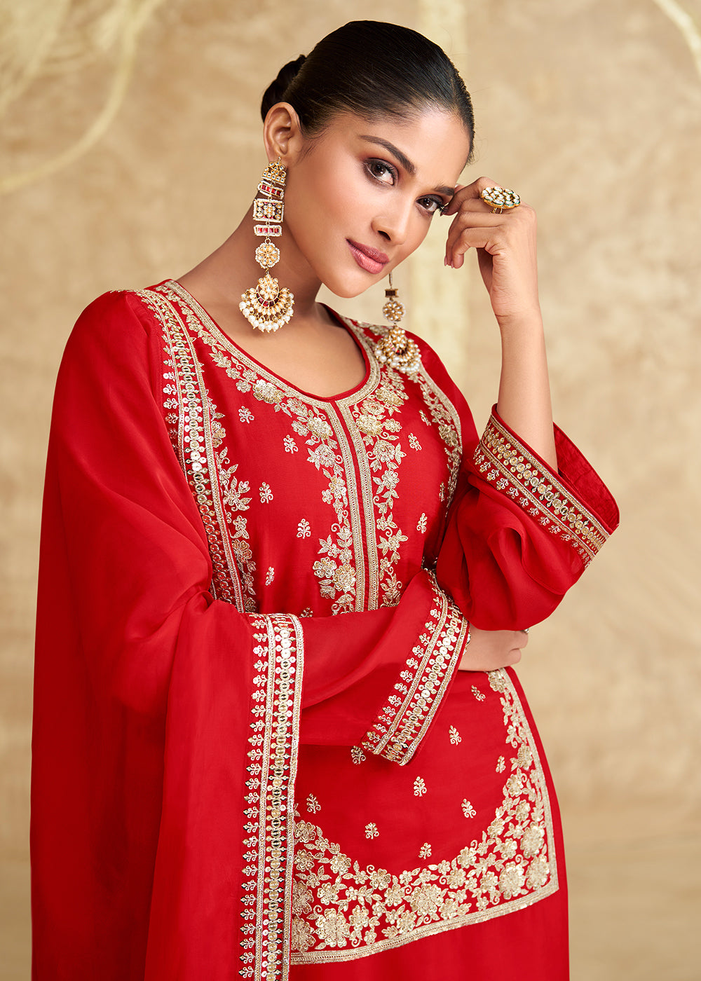 Shop Now Hot Red Embroidered Chinnon Silk Sharara Suit Online at Empress Clothing in USA, UK, Canada, Germany, UAE & Worldwide. 