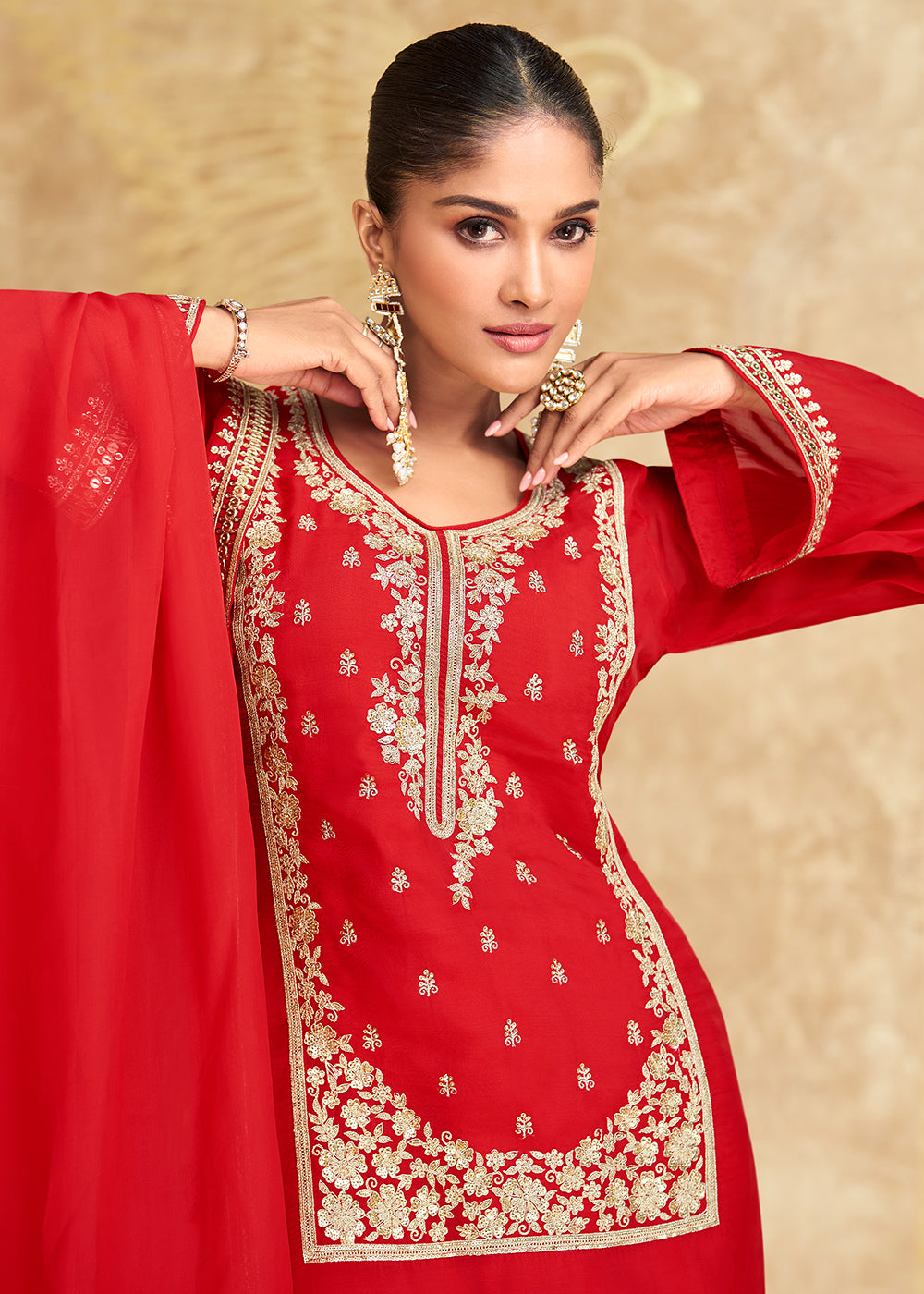 Shop Now Hot Red Embroidered Chinnon Silk Sharara Suit Online at Empress Clothing in USA, UK, Canada, Germany, UAE & Worldwide. 