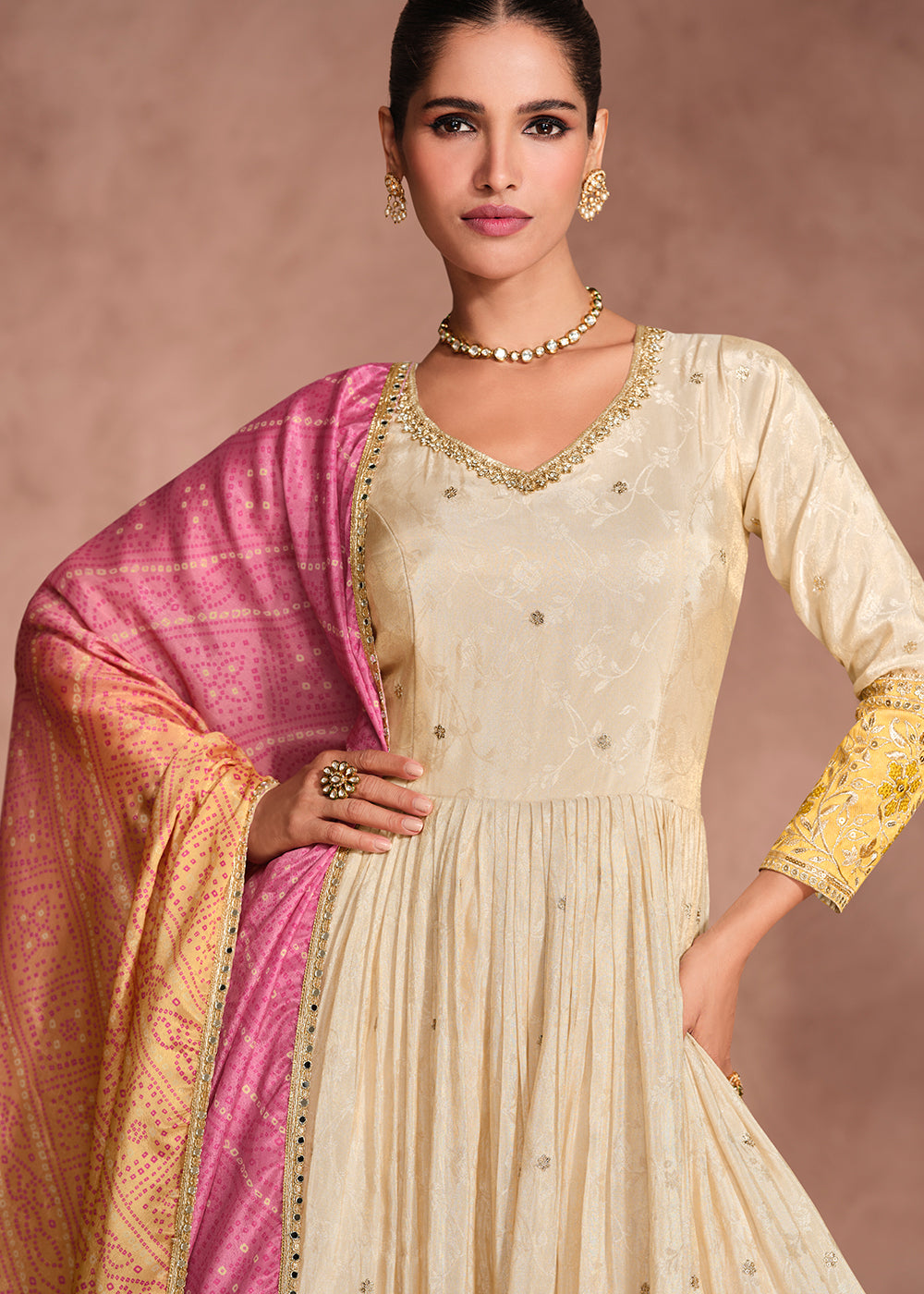 Buy Now Beige & Yellow Embroidered Anarkali Gown with Bandhani Dupatta Online in USA, UK, Australia, Italy, Germany, Canada, UAE & Worldwide at Empress Clothing. 