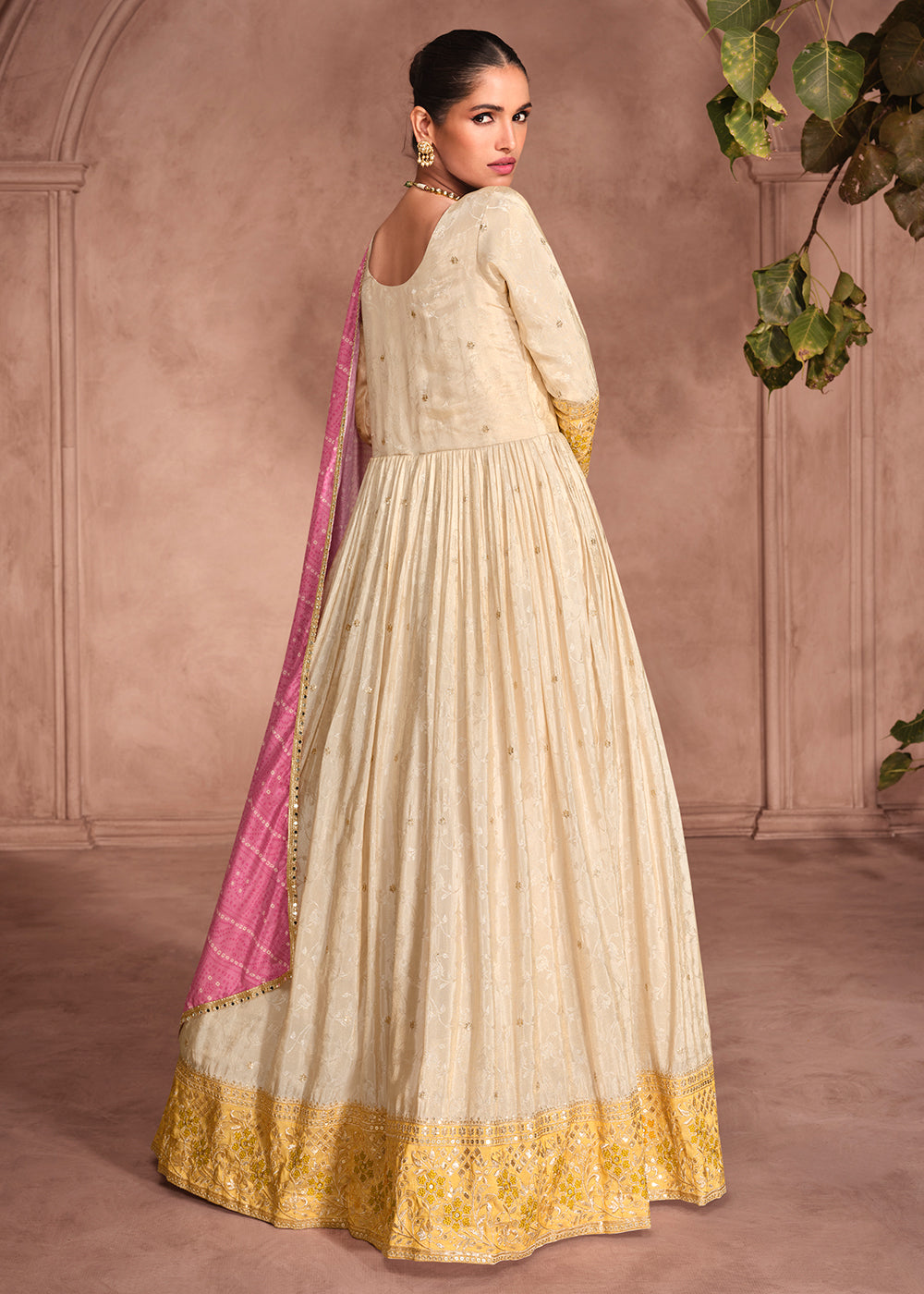 Beige & Yellow Embroidered Anarkali Gown with Bandhani Dupatta