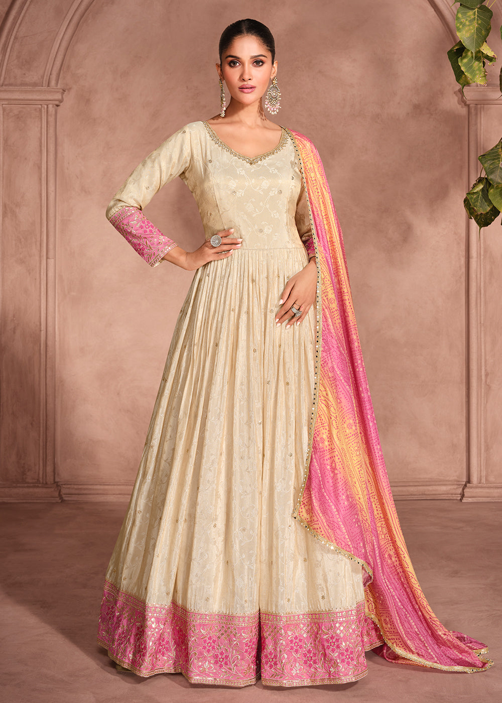 Buy Now Beige & Pink Embroidered Anarkali Gown with Bandhani Dupatta Online in USA, UK, Australia, Italy, Germany, Canada, UAE & Worldwide at Empress Clothing.