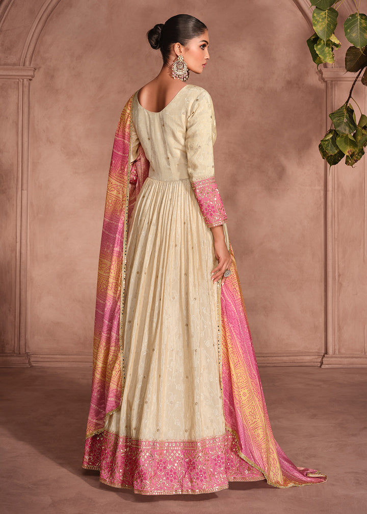 Buy Now Beige & Pink Embroidered Anarkali Gown with Bandhani Dupatta Online in USA, UK, Australia, Italy, Germany, Canada, UAE & Worldwide at Empress Clothing.