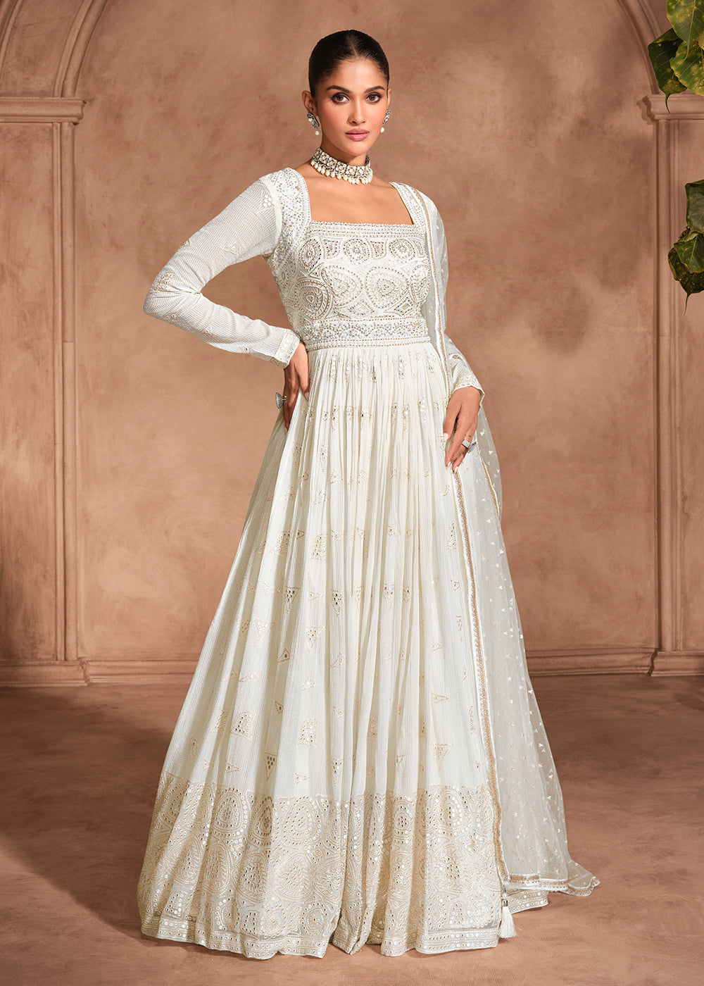 Buy Now Royal White Chikankari Embroidery Wedding Anarkali Gown Online in USA, UK, Australia, Italy, Germany, Canada, UAE & Worldwide at Empress Clothing.