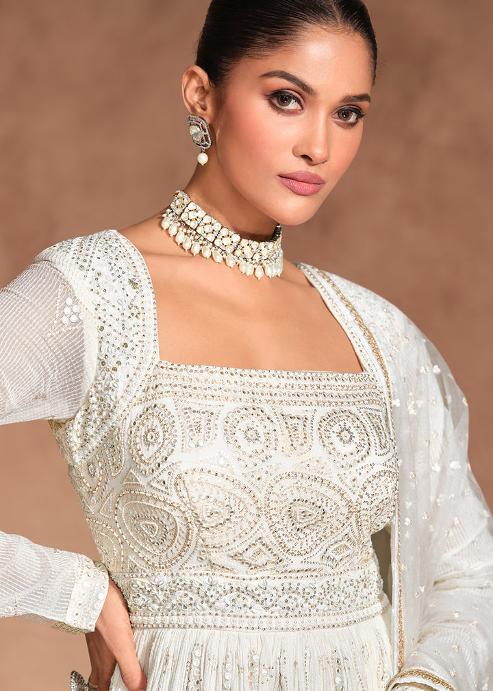 Buy Now Royal White Chikankari Embroidery Wedding Anarkali Gown Online in USA, UK, Australia, Italy, Germany, Canada, UAE & Worldwide at Empress Clothing.