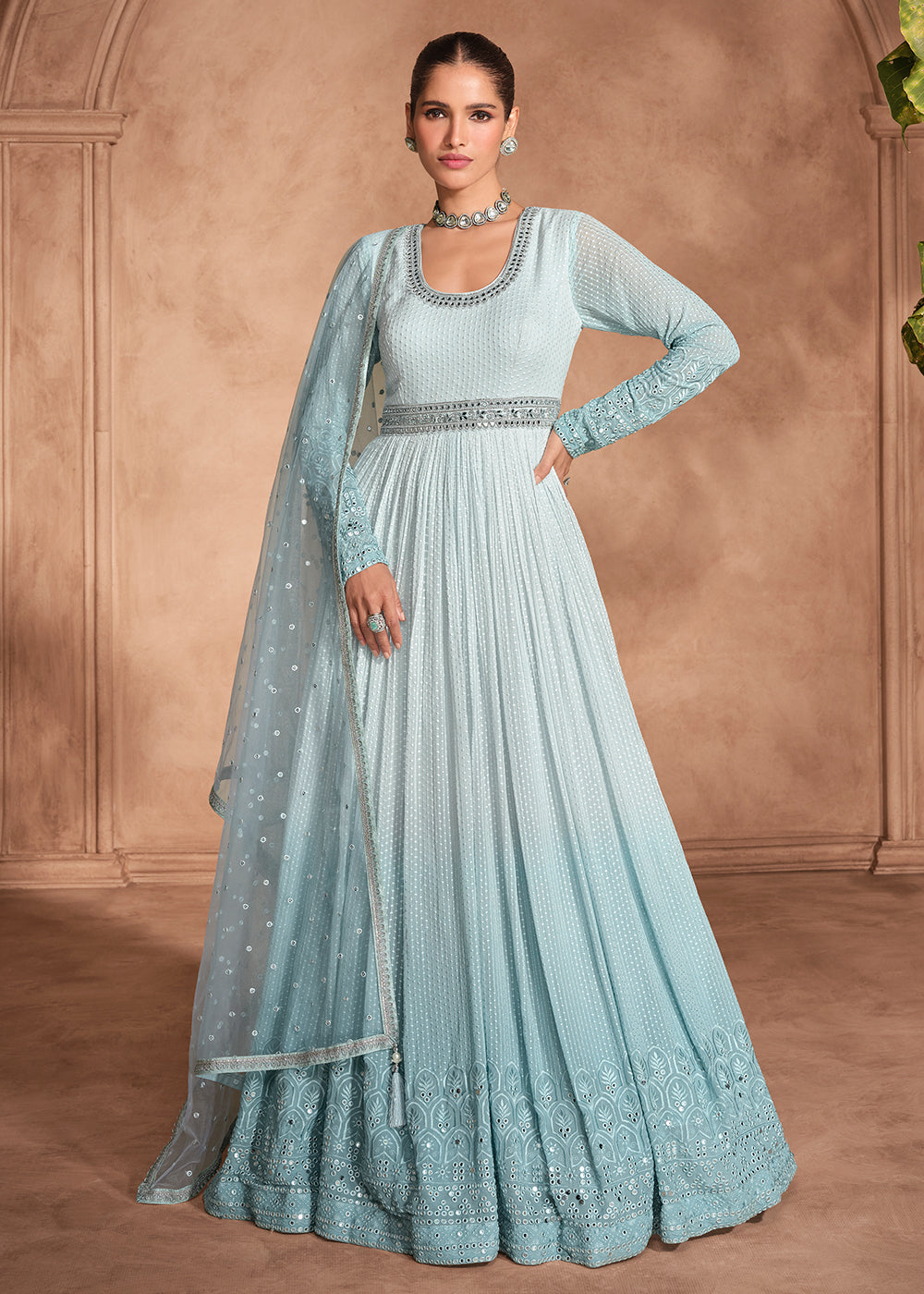 Buy Now Ice Blue Chikankari Embroidery Wedding Anarkali Gown Online in USA, UK, Australia, Italy, Germany, Canada, UAE & Worldwide at Empress Clothing.