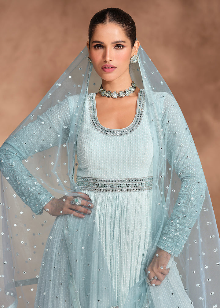 Buy Now Ice Blue Chikankari Embroidery Wedding Anarkali Gown Online in USA, UK, Australia, Italy, Germany, Canada, UAE & Worldwide at Empress Clothing.