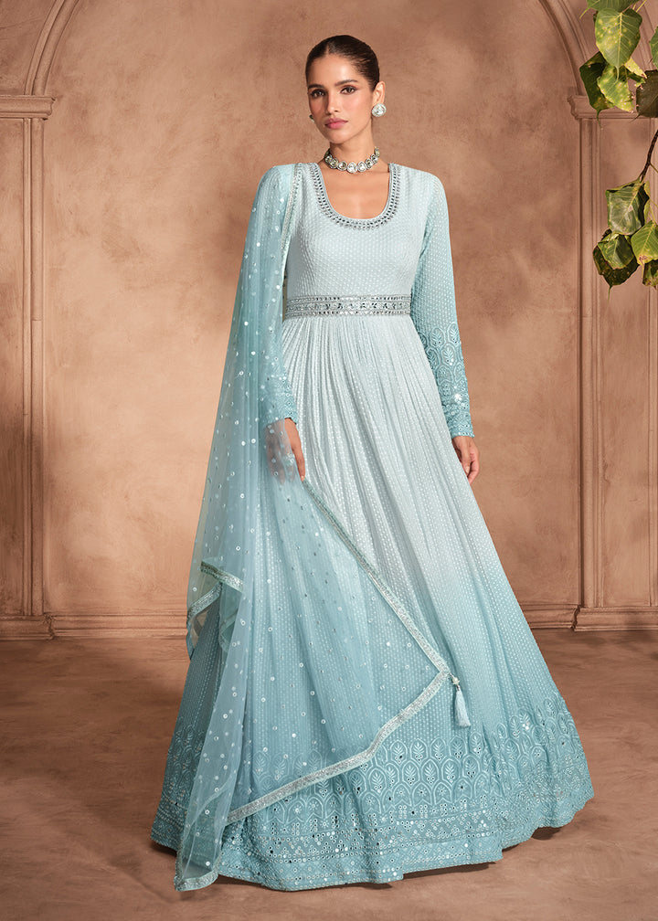 Buy Now Ice Blue Chikankari Embroidery Wedding Anarkali Gown Online in USA, UK, Australia, Italy, Germany, Canada, UAE & Worldwide at Empress Clothing.