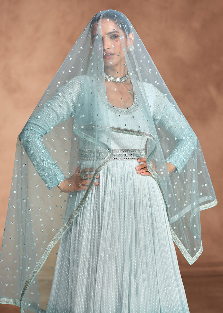 Buy Now Ice Blue Chikankari Embroidery Wedding Anarkali Gown Online in USA, UK, Australia, Italy, Germany, Canada, UAE & Worldwide at Empress Clothing.